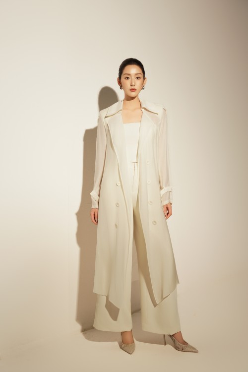 Sixdo Light Cream Organza Long Coat